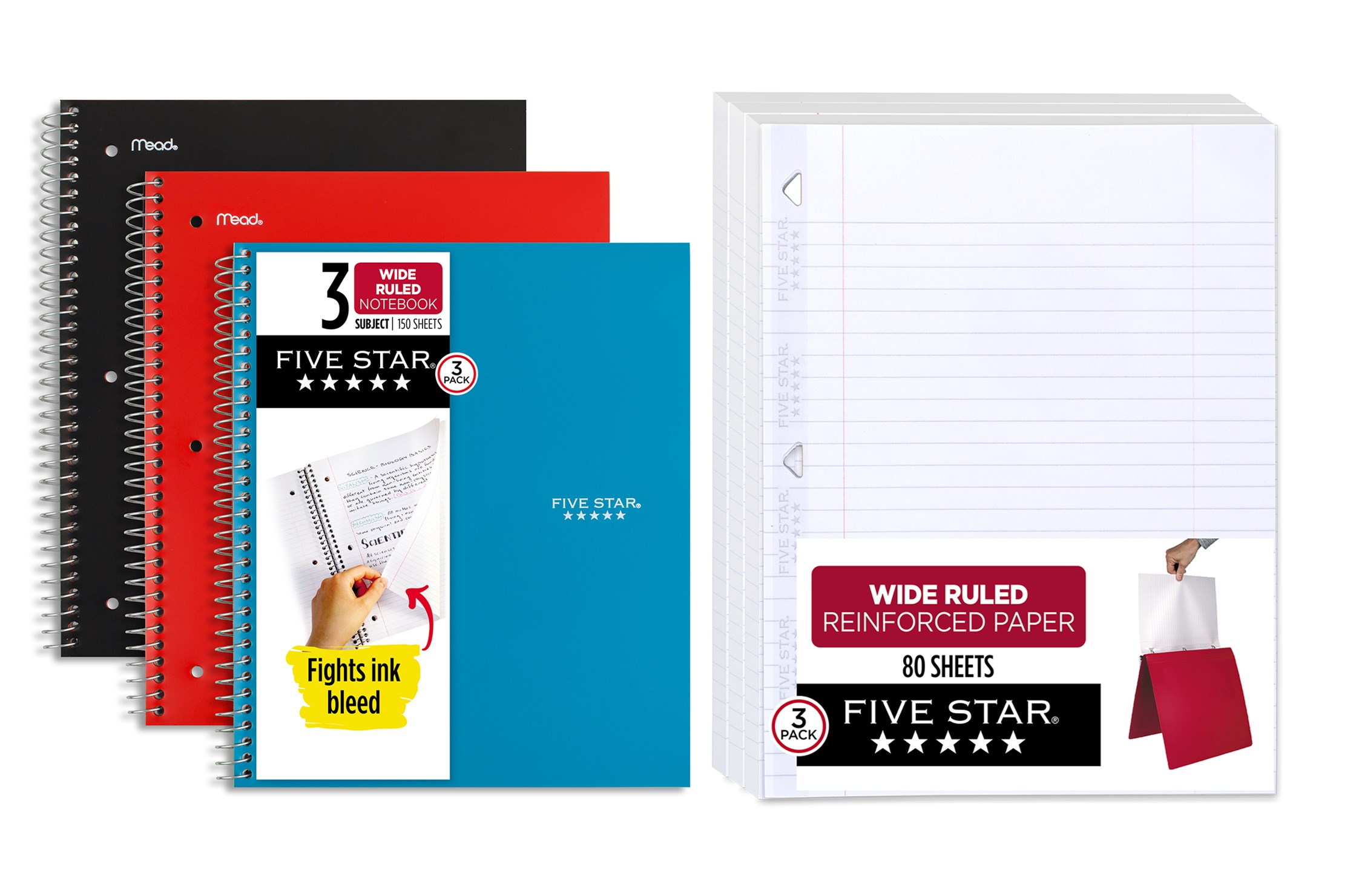 Five Star® Wide Ruled Filler Paper and Spiral Notebook Bundle, 3 Pack ...